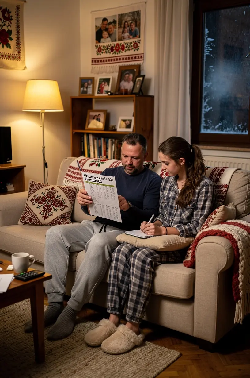 Elégedett család ül otthon, biztonságban érezve magát a jól összeállított vészhelyzeti alap miatt.